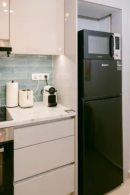 a kitchen with a black refrigerator and a microwave at Spacious 2BR house in Nea Smyrni in Athens