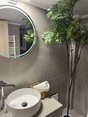 a bathroom with a sink and a mirror and a tree at home 4 in Athens