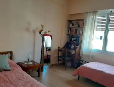 a bedroom with a desk and a bed and a desk sidx sidx sidx at Victoria Flat in Athens