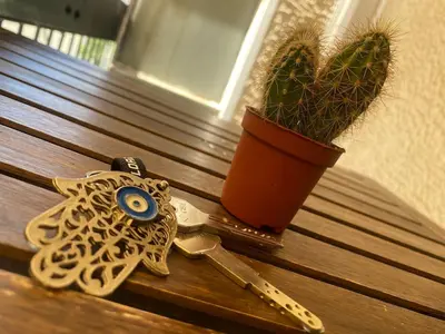 a pair of keys sitting on a bench next to a cactus at Cosy full apartment in Athens