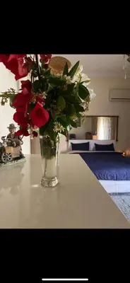 a vase filled with red and white flowers on a table at Master private room in Athens