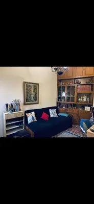 a living room with a blue couch in a room at Master private room in Athens