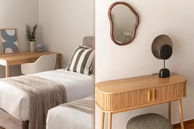 a bedroom with a bed and a mirror on a table at Chalandri Bright 2BR Apartment by UPSTREET in Athens