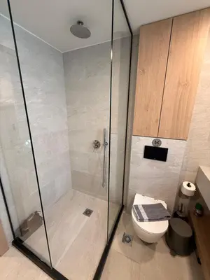 a bathroom with a shower and a toilet at Myronos suite with jacuzzi in Piraeus