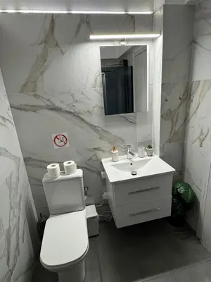 a bathroom with a sink and a toilet and a mirror at Urban Hermes Apartment in Athens