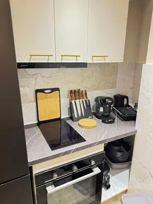 a kitchen with a counter top with a stove at Zeas Meridian Suite Piraeus Athens in Piraeus