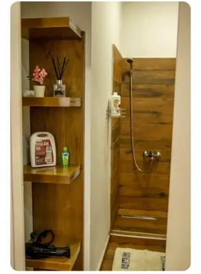 a shower in a bathroom with a wooden door at Neoclassic Rooms in Athens