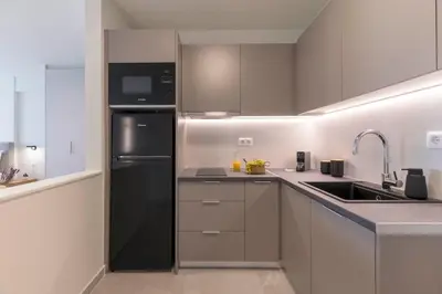 a kitchen with a black refrigerator and a sink at Boutique Studio Ι in Central Athens by MPS in Athens