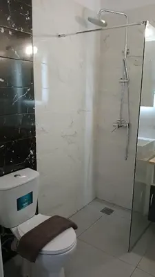 a bathroom with a toilet and a glass shower at Athens Apartments, Piraeus Port in Athens