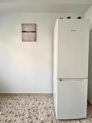 a refrigerator in an empty room with a painting on the wall at Hellenic Coastal Residence in Athens