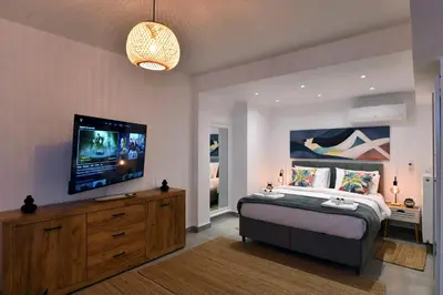 a bedroom with a large bed and a flat screen tv at Hidden Paradise at Kolonaki in Athens