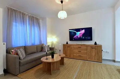 a living room with a couch and a flat screen tv at Hidden Paradise at Kolonaki in Athens
