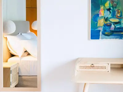 a white bedroom with a bed and a desk at Holiday Home Villa Stefani mit privatem Pool by Interhome in Athens
