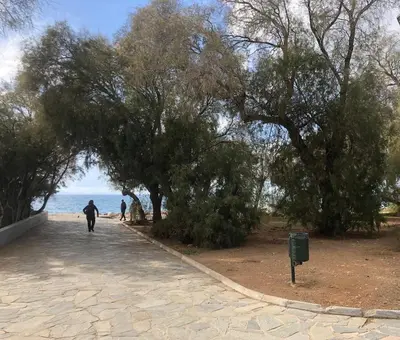 a person walking down a path next to the ocean at Sweet Apartment By The Sea in Athens