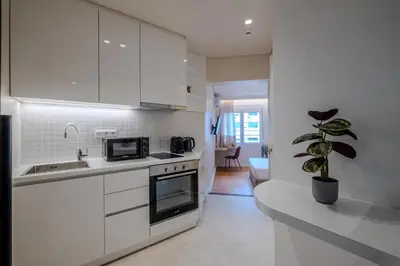 a kitchen with white cabinets and a potted plant at Athensis Central Suites in Athens