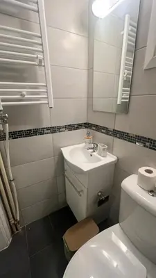 a bathroom with a white toilet and a sink at Sunny Homes Vournazou in Athens