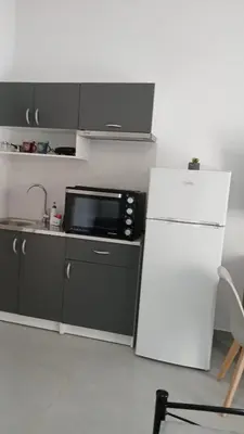 a kitchen with a white refrigerator and a microwave at Афіни Лофт in Piraeus