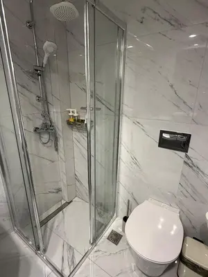 a bathroom with a shower and a toilet at Estía Cozy City Apartment in Athens