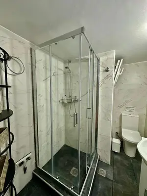 a bathroom with a shower with a toilet and a sink at Aria Home - Modern & Classic with Terrace by TT in Athens