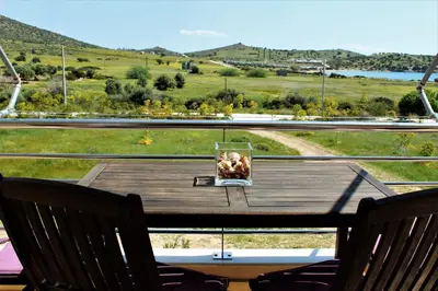 a table with a bowl of shells on top of it at Helen's Sounio Apartments in Sounio