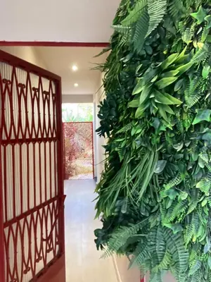a hallway with a green wall next to a door at Cozy, Convenient & Athens in Athens