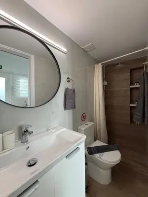 a bathroom with a sink and a mirror and a toilet at Sophie's apartment near metro in Athens