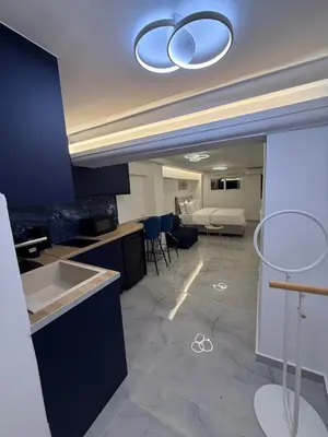 a kitchen with a sink and a living room at City Center Dream Studio in Athens
