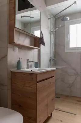 a bathroom with a sink and a shower at Athens Urban Vibes 4 Quiet Balcony Peaceful in Athens