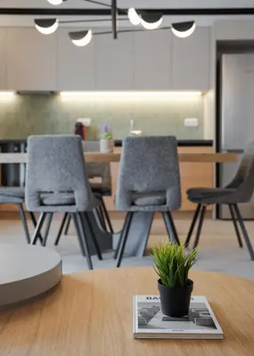 a room with two chairs and a table with a plant at Glyfada Signature Apartment in Athens