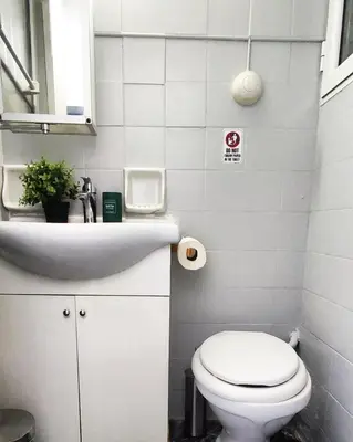 a bathroom with a white toilet and a sink at One bedroom apartment in Thissio in Athens