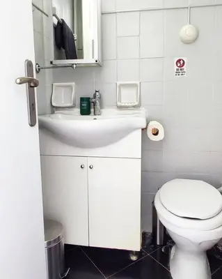 a bathroom with a white sink and a toilet at One bedroom apartment in Thissio in Athens