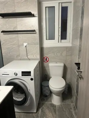 a bathroom with a washing machine and a toilet at Stylish City Apartment in Athens