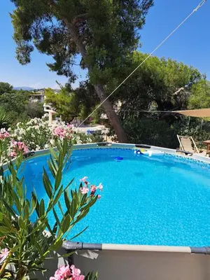 a swimming pool in a yard with flowers at Lagonisi Cottage - with spacious garden in Áyios Nikólaos
