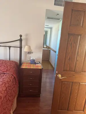 a bedroom with a bed and a wooden door at Lagonisi Beach Villa in Lagonissi