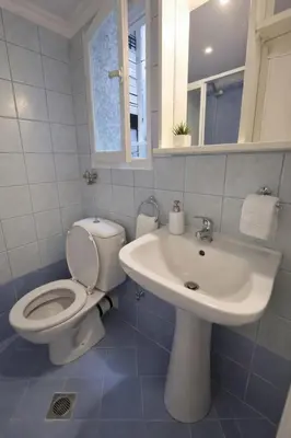 a bathroom with a toilet and a sink at Zwgrafou Deluxe For 4 Pers in Athens