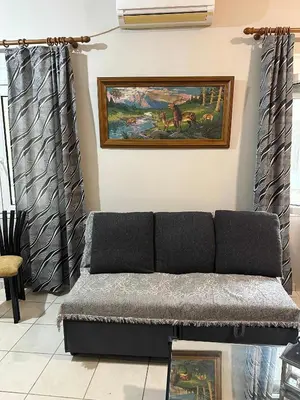 a living room with a couch and a painting at Zografou Cozy Apartment in the heart of Athens! in Athens
