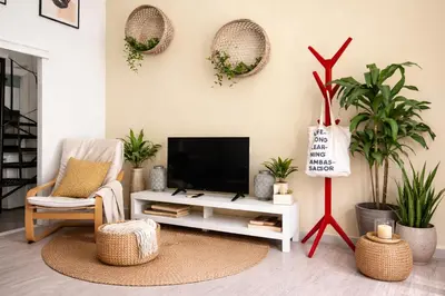 a living room with a flat screen tv and plants at Athens City Staying in Athens