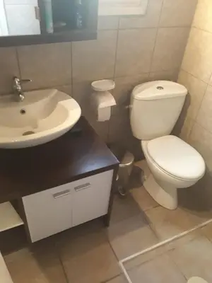 a bathroom with a white toilet and a sink at Studio Poseidonos Avenue in Athens