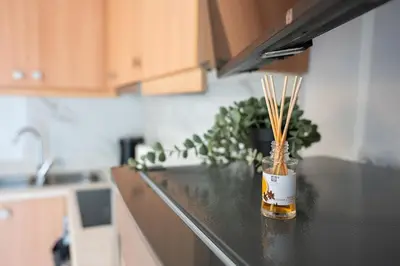 a kitchen counter with a jar with bamboo sticks in it at Elysian Lycabettus-Resilience in Athens