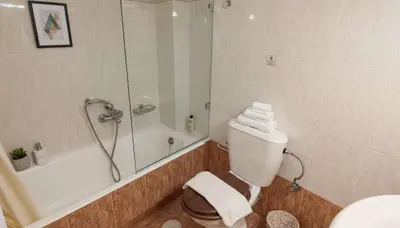 a bathroom with a shower and a toilet and a tub at Premium 2 Bd Blue Retreat in Kallithea in Athens