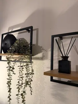 a shelf with a plant on it next to a mirror at Modern studio apartment in Athens