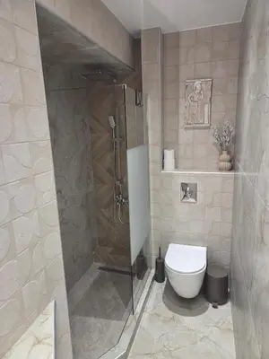 a bathroom with a shower and a toilet at 3siblings Β2 in Athens