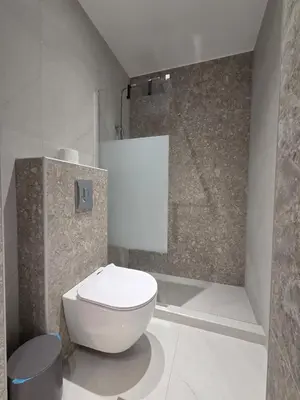 a bathroom with a white toilet and a shower at 3siblings A1 in Athens