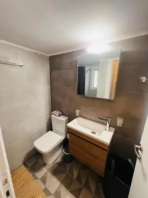 a bathroom with a toilet and a sink and a mirror at BoraBora Flat in Piraeus