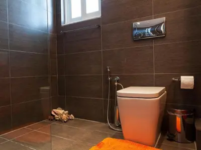 a bathroom with a toilet and a shower at Acropolis Tony's Penthouse in Athens
