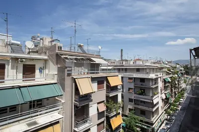 an overhead view of a city with buildings at Pedion Areos Park 4 Center 4 in Athens