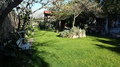 a yard with a park bench in the grass at Villa Emily in Lagonissi