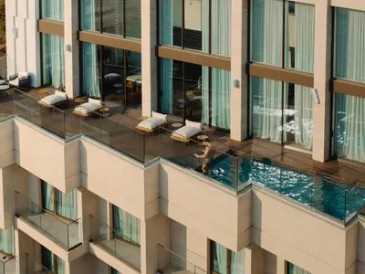 an overhead view of a building with a pool at Grand Hyatt Athens in Athens