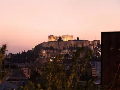 a view of the acropolis of athens at sunset at Athens View Loft - 03 in Athens
