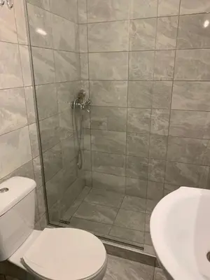 a bathroom with a shower with a toilet and a sink at Holodek Apartments Ground & SemiBasement in Athens